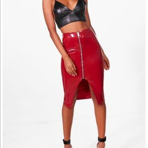 Boohoo Red Vinyl Front-zip Skirt